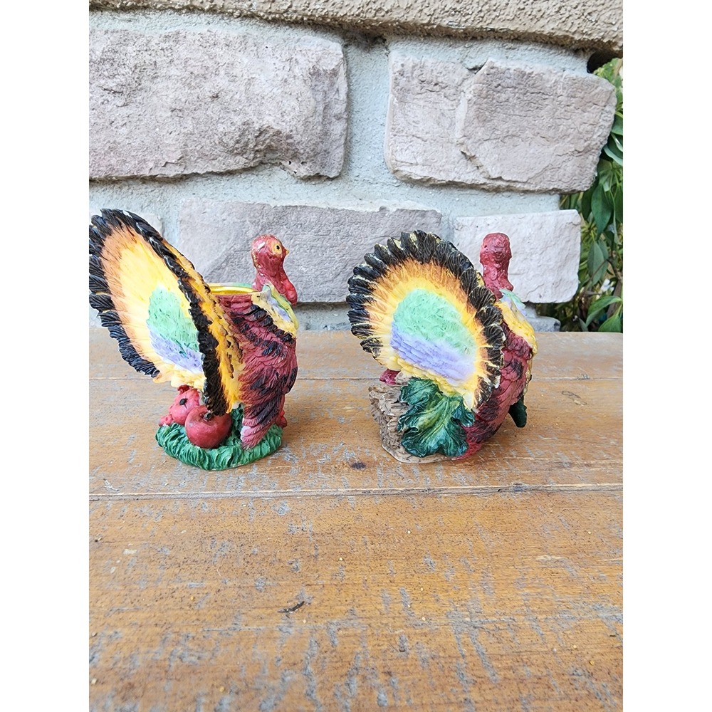 Vintage Turkey Candle Holders Pair Thanksgiving Colorful Fall Decor - Picture 3 of 7